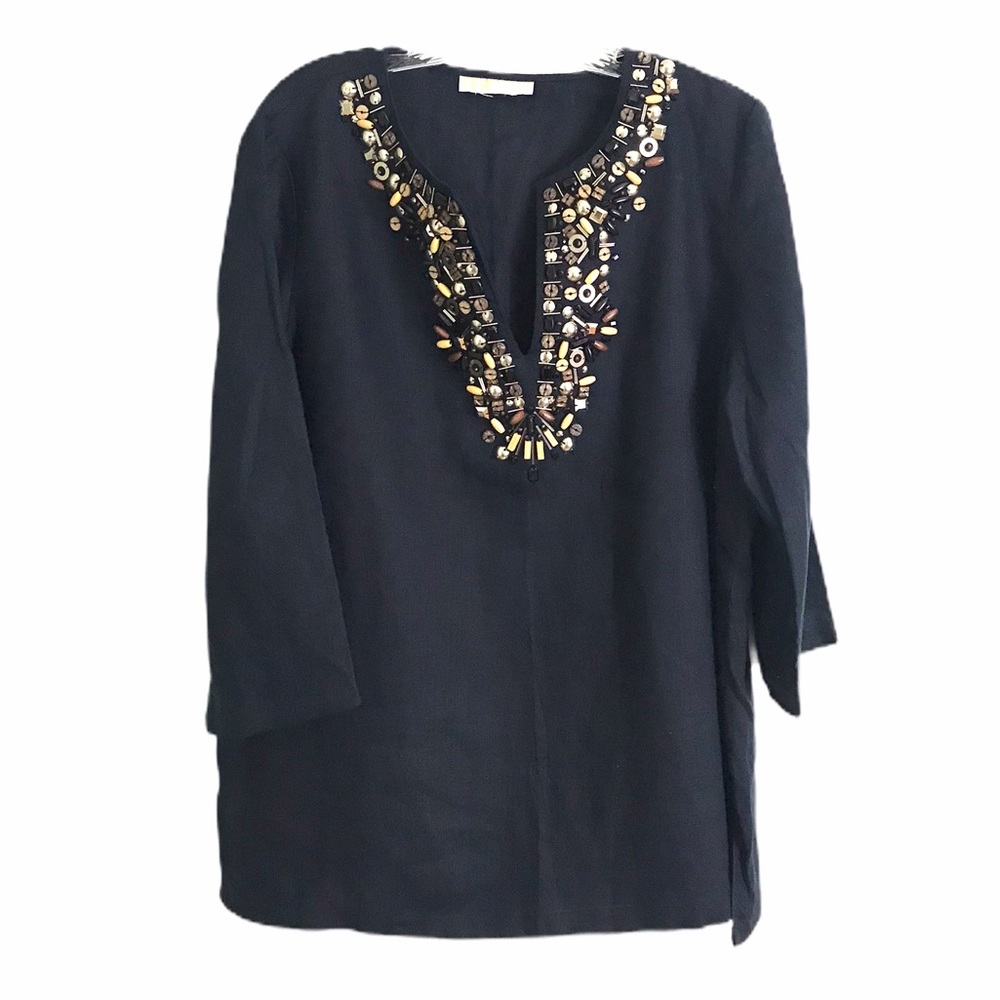 Micheal Kors linen Black Embellished Tunic Blouse